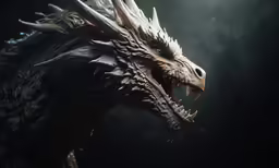 the face of a scary looking dragon in the dark