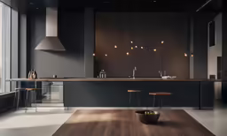 an empty kitchen with wooden table and bar stools