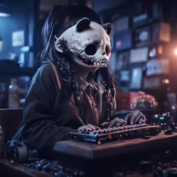 a person in a scary mask with a keyboard