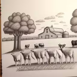 several sheep near a farm stand next to a tree,pencil drawing of a farm scene with animals standing on the grass