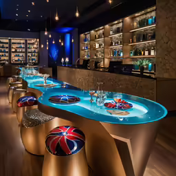 a restaurant with a bar, chairs and a counter