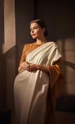 a woman in a brown top and white dress