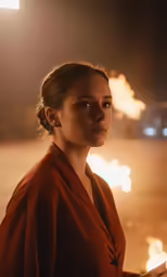 a woman in an orange robe in a city at night