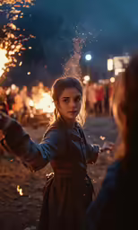 the woman looks on as fireworks rise in the background