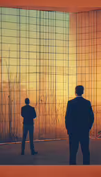 two men looking at the sunset through a window,a couple of people that are standing in front of some mirrors
