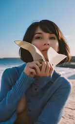 a woman posing with an umbrella up to her face