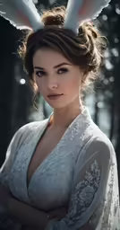 a woman in white is wearing bunny ears