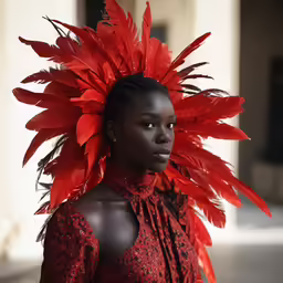 a woman in red wearing feathers on her head