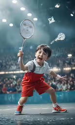 a young boy is holding a tennis racket and is smiling