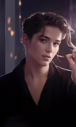 woman in black blouse holding her hair to her face