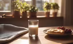 a plate of food with a glass of milk