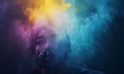 a person standing with a phone in their hand in front of a colorful smokestake