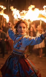 a woman holding fire wands while standing in front of people