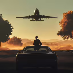 the man is looking at the airplane that is flying