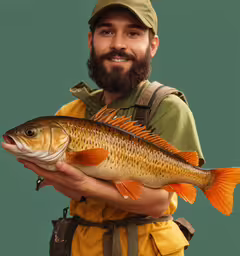 a man in uniform holding a fish while standing,a man wearing a ducky outfit holds a fish