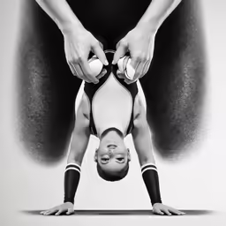 a man doing handstand with his arms extended and balls being held upside down