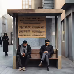 two men sitting on a park bench using cell phones