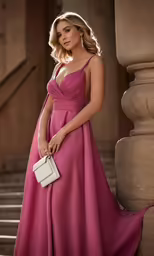a woman wearing a pink gown posing near some steps
