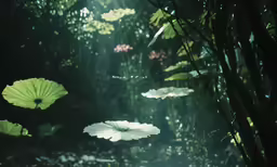 many flowers and plants are floating in the water