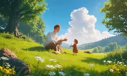 a man is sitting in the grass with a little girl