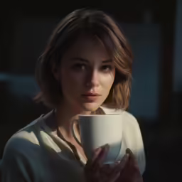 a woman is holding a coffee mug in her hand