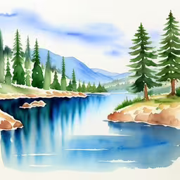 this is a watercolor landscape painting,a painting of a lake with mountains in the background,watercolor painting of mountains, forests and a lake,an art painting of a lake with trees,a painted image with trees along a river