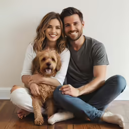 a woman sitting on the floor holding her dog