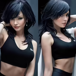 two photos of the same woman wearing a black top
