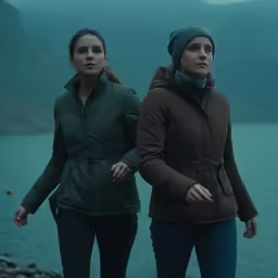 two people walking in the snow near a body of water