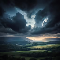 the view from above of a forest, mountains and cloudy sky