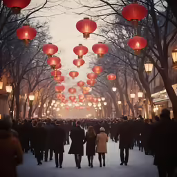 several people standing under some lanterns on a snowy day