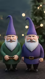 two gnomes standing next to each other in front of lights