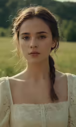 a woman standing in the grass in a dress