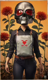 a person with a skull mask and leather vest