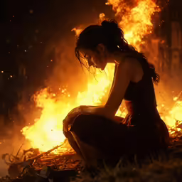 a woman sitting in front of flames in the dark