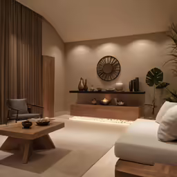 modern living area with large round mirror and wooden table