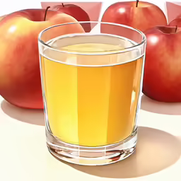 there are two glasses of juice next to an apple