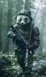 a person with a mask and gear on in the woods