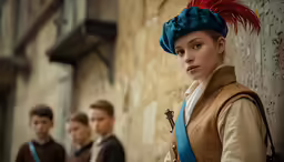 a young girl wearing a blue hat and dress