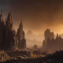 a giant island stands on an arid desert landscape with lots of rocks and boulders