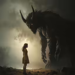a woman standing in the fog looking at a monster