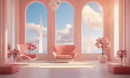 an empty room is shown with a pink wall and three chairs