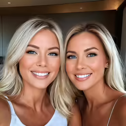 two beautiful women with blonde hair pose for the camera