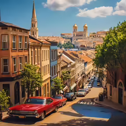 an old car in an old city street