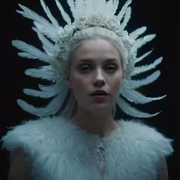 the white queen looks into the camera as she wears feathers in her headdress