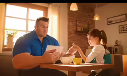 a man sitting at a wooden table with a girl