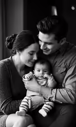 family posing for black and white photo in living room