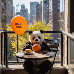 a stuffed panda bear eating at a table