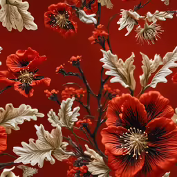 red and white flowers, branches and buds against a red background