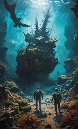 a person is walking in a underwater landscape